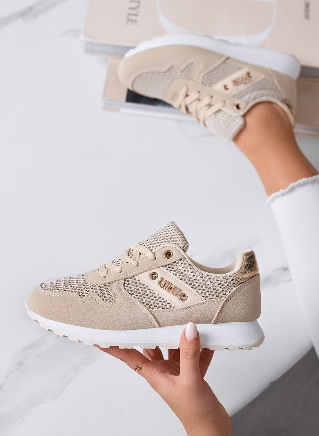 ARMIDA - Beige Sporty Sneakers with Fabric Inserts and Gold Details