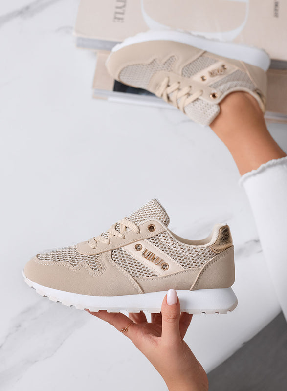 ARMIDA - Sneakers Beige Sportive con Inserti in tessuto e Dettagli Oro