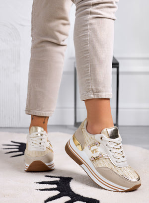 ASIA - Beige sneakers with gold laminated fabric inserts