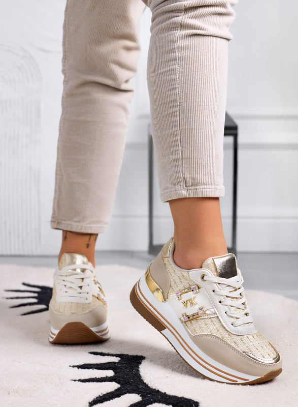 ASIA - Sneakers beige con inserti in tessuto laminato oro