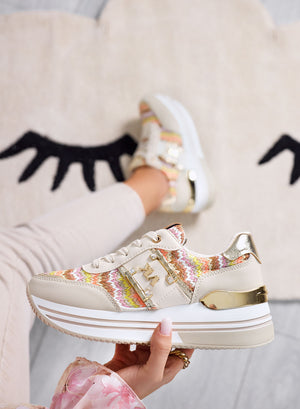 ASIA - Beige sneakers with multicolor fabric inserts
