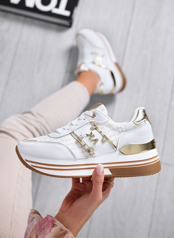 ASIA - Sneakers bianche con inserti in tessuto laminato oro