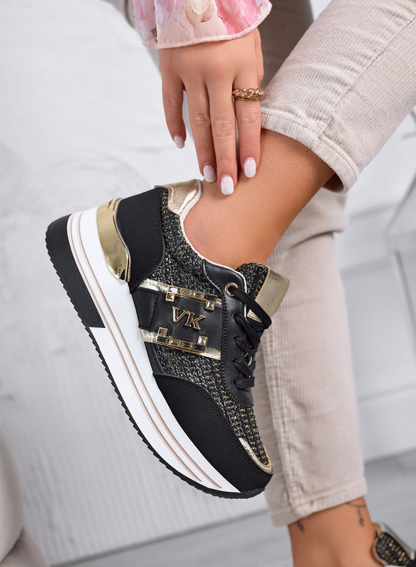 ASIA - Sneakers nere con inserti in tessuto laminato oro