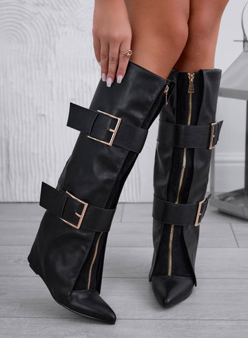 ASMIRA - Black boots with zip and gold buckles
