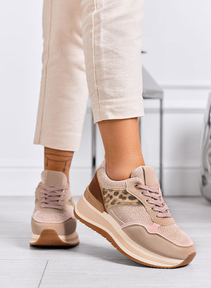 ATENE - Beige sneakers with animal print details and thick sole