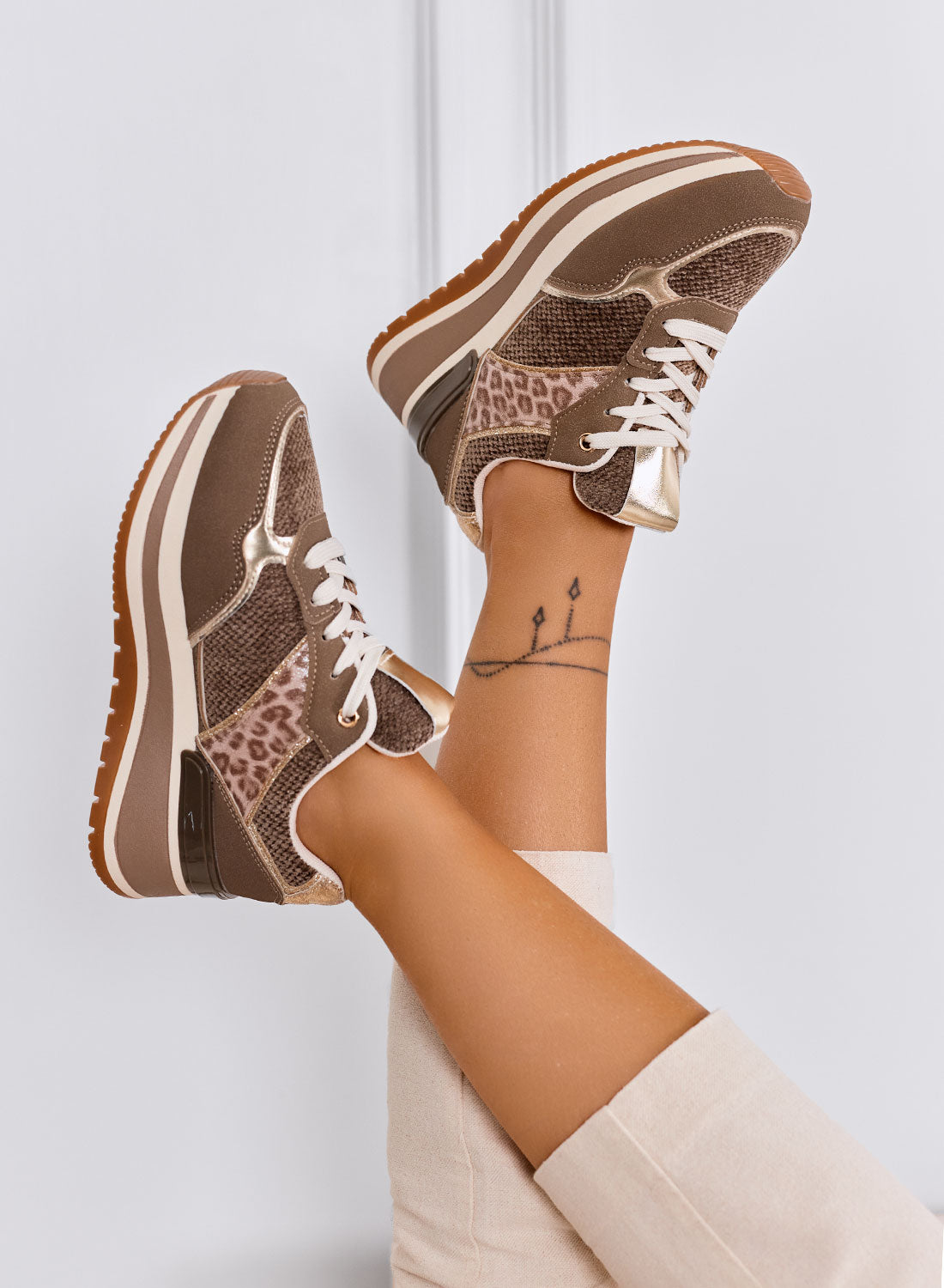 ATHENS - Brown sneakers with animal print details and thick sole