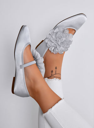 ATHENA - Elegant Silver Satin Ballet Flats with Decorative Flower
