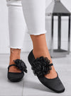 ATHENA - Ballerine Nere Eleganti in Raso con Fiore Decorativo
