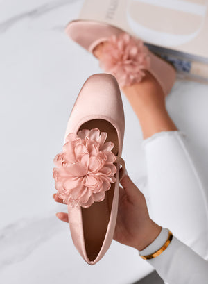 ATHENA - Elegant Pink Satin Ballet Flats with Decorative Flower