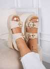AUDREY - Sandali beige platform con doppia fibbia oro e suola in corda
