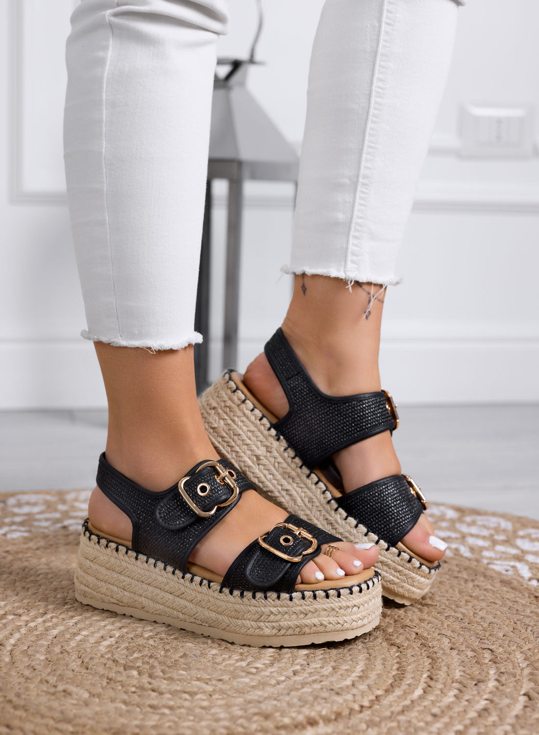 AUDREY - Black platform sandals with double gold buckle and rope sole