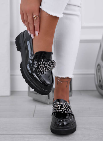 Black patent lace-up shoes with rhinestones