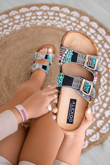 Black slide sandals with buckles and multicolor stones