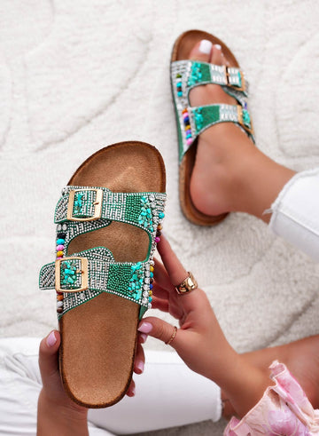 Green sandals slippers with buckles and multicolor stones