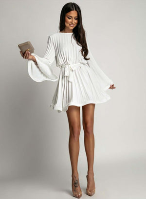White pleated dress with waist tie