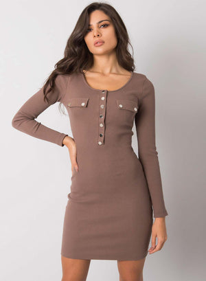 Mud-colored knit dress with gold buttons