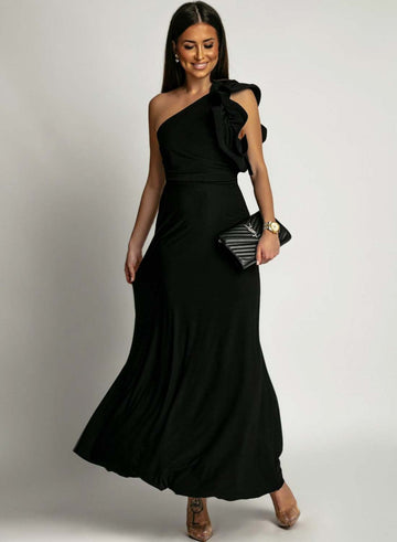 One-shoulder long black dress