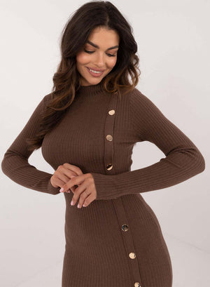 Brown ribbed dress with gold buttons