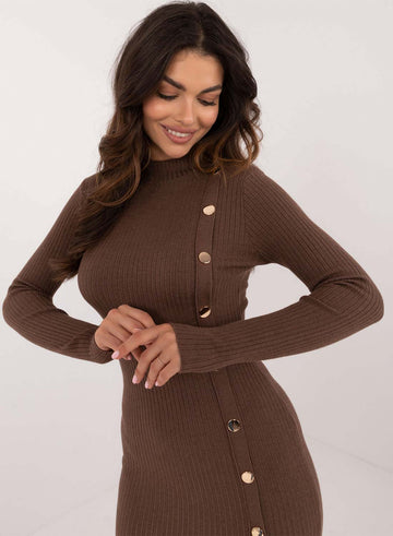 Brown ribbed dress with gold buttons