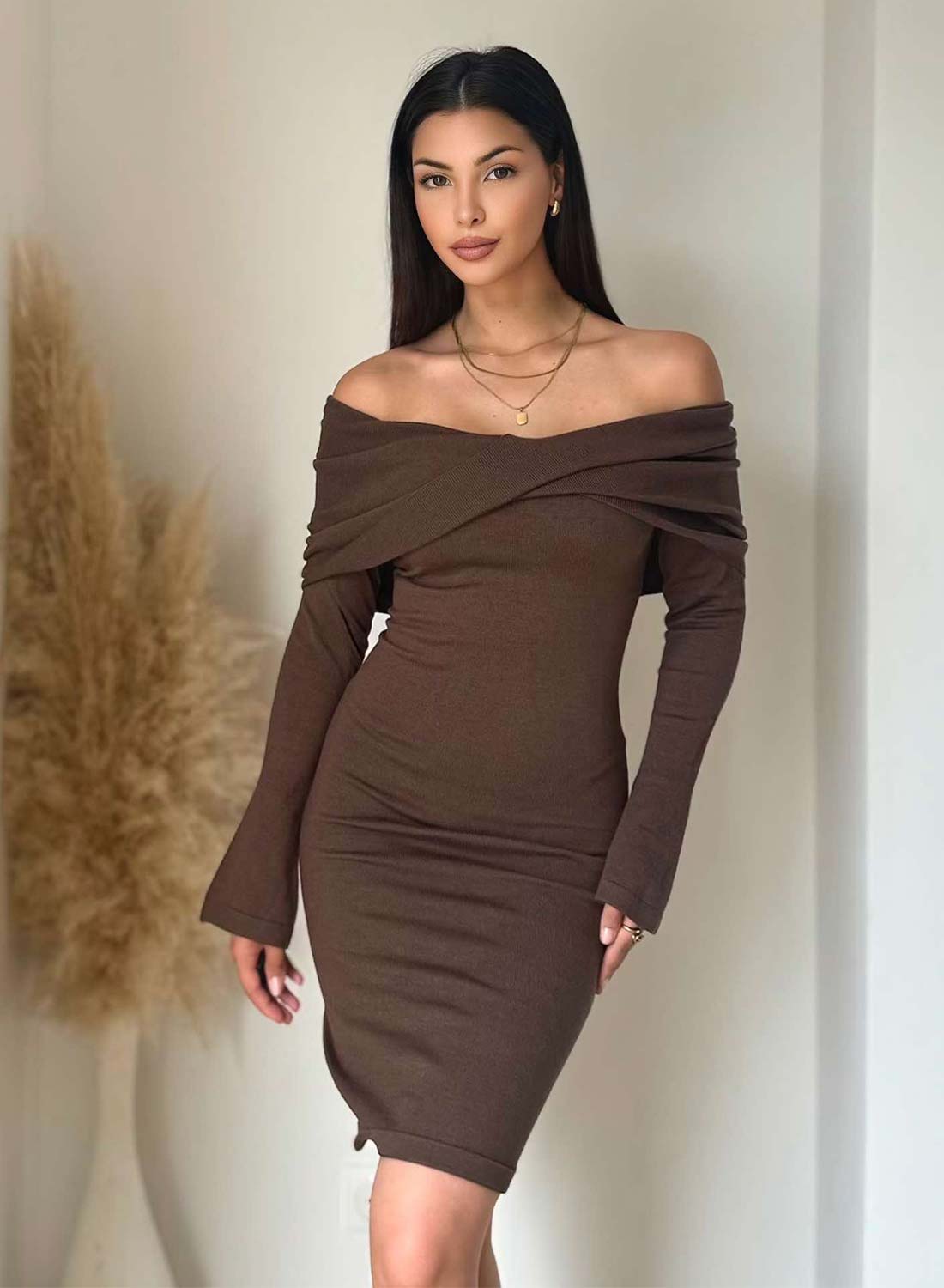 Brown knit dress with boat neckline