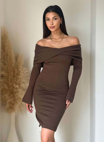 Brown knit dress with boat neckline