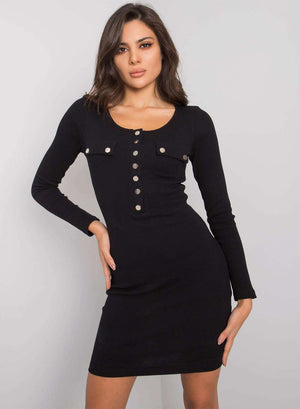 Black knit dress with gold buttons