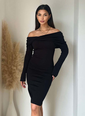 Black knit dress with boat neckline