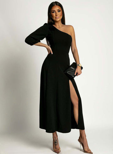 One-shoulder black dress with side slit