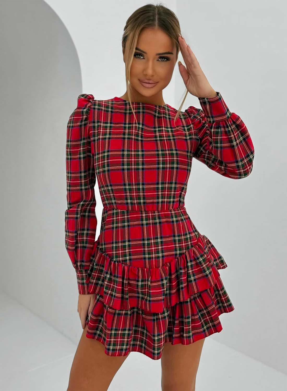 Abito tartan con gonna a balze