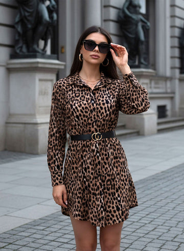Leopard print shirt dress with waist belt