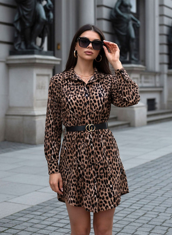 Leopard print shirt dress with waist belt