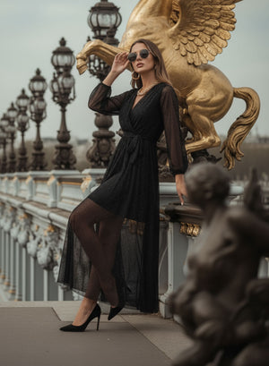 Long black dress in tulle with glitter