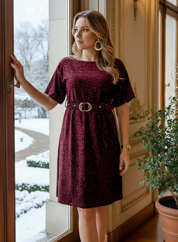 Burgundy sequin dress with belt