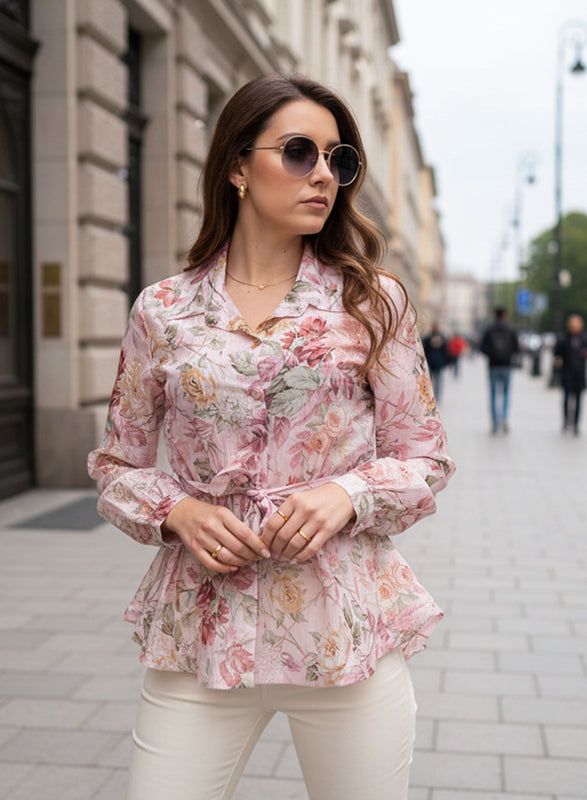 Pink Floral Shirt with Waist Belt and Ruffles