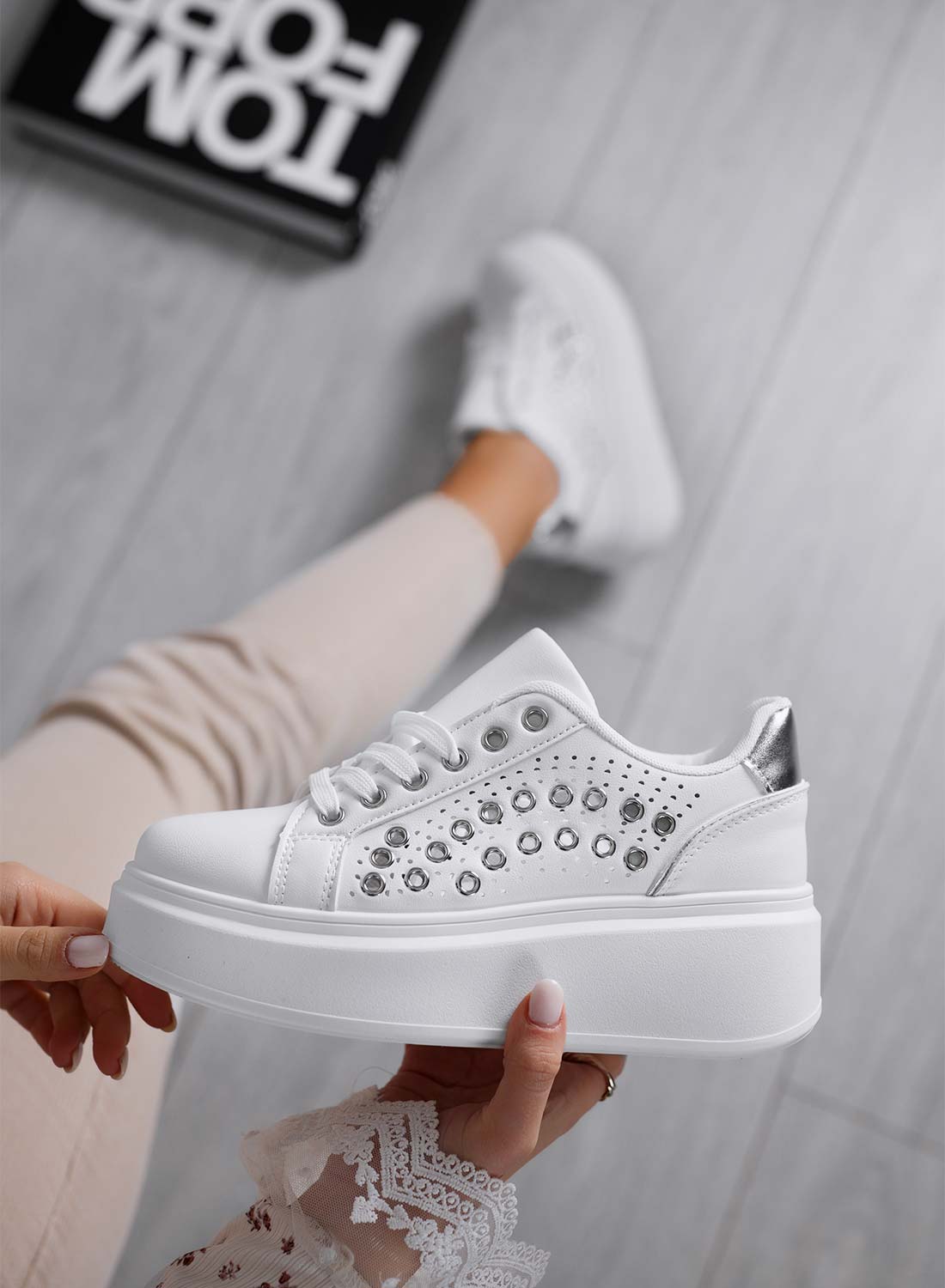 BAKER - White perforated sneakers with silver metallic eyelets