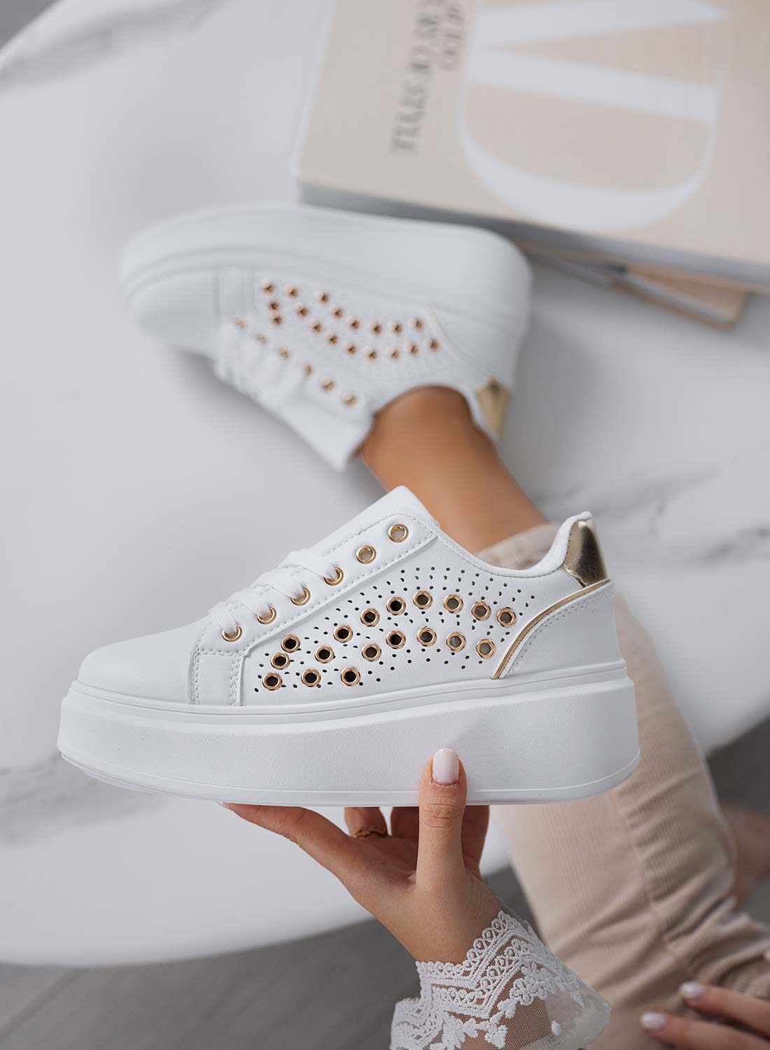 BAKER - White perforated sneakers with gold metal eyelets