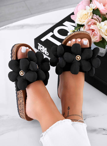 BARBARA - Black slide sandals with soft flowers