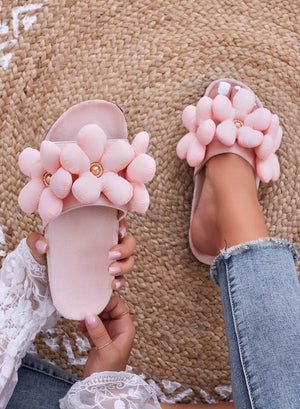 BARBARA - Pink slide sandals with soft flowers