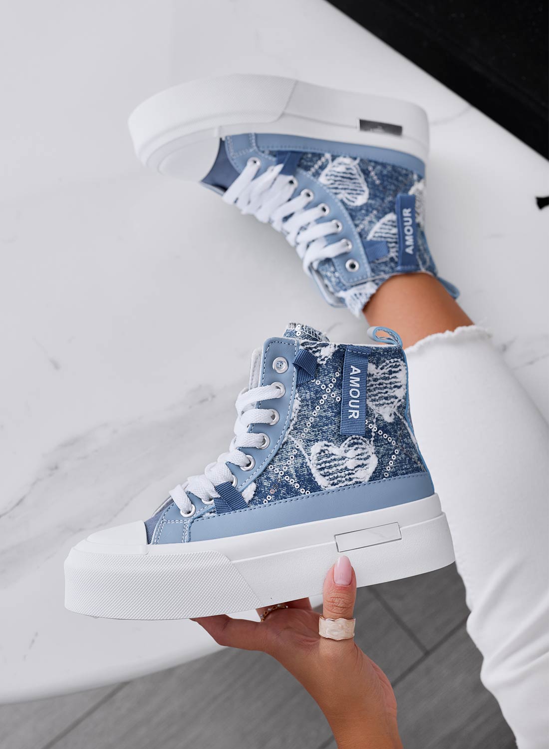 BARTH - High-top sneakers in blue denim with pattern