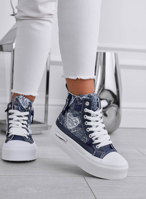 BARTH - Dark denim blue high-top sneakers with pattern