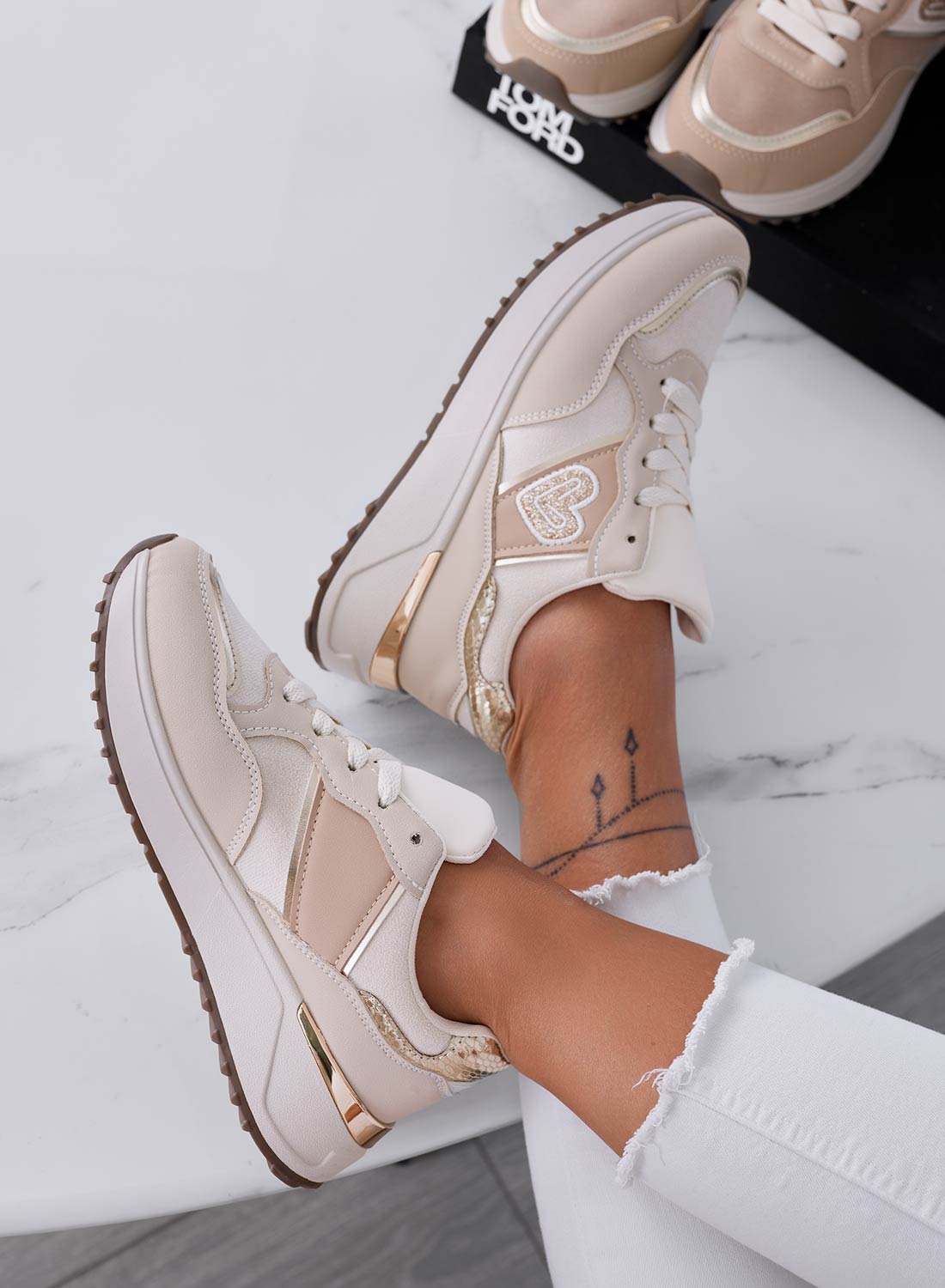 Beige sneakers with gold glitter heart