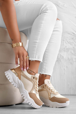 Beige sneakers with contrasting gold panels