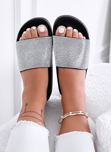 BECKY - Black slide sandals with rhinestone strap