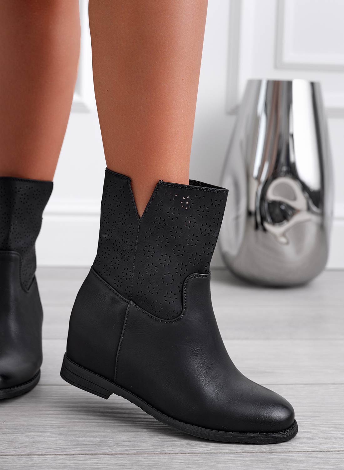 BEKY - Black perforated ankle boots with internal wedge