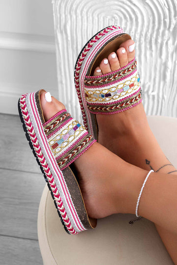 Fuchsia slide sandals with multicolor pattern