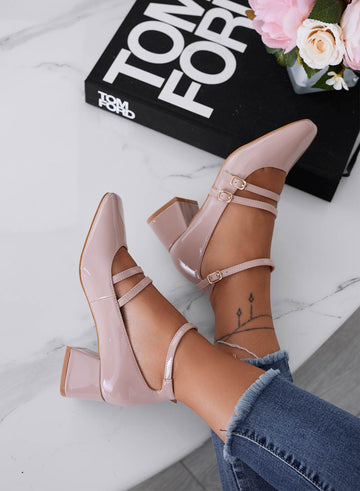 BETH - Nude patent leather lace-up Mary Jane pumps