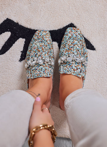 Multicolor woven loafer slippers with jewel