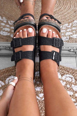 Black embroidered slide sandals with buckles