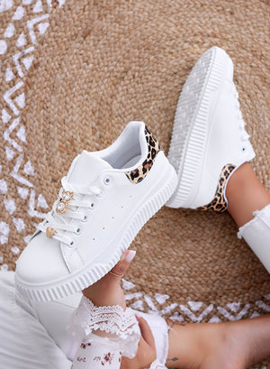 BEVERLY - White sneakers with jeweled teddy bear and leopard-print back