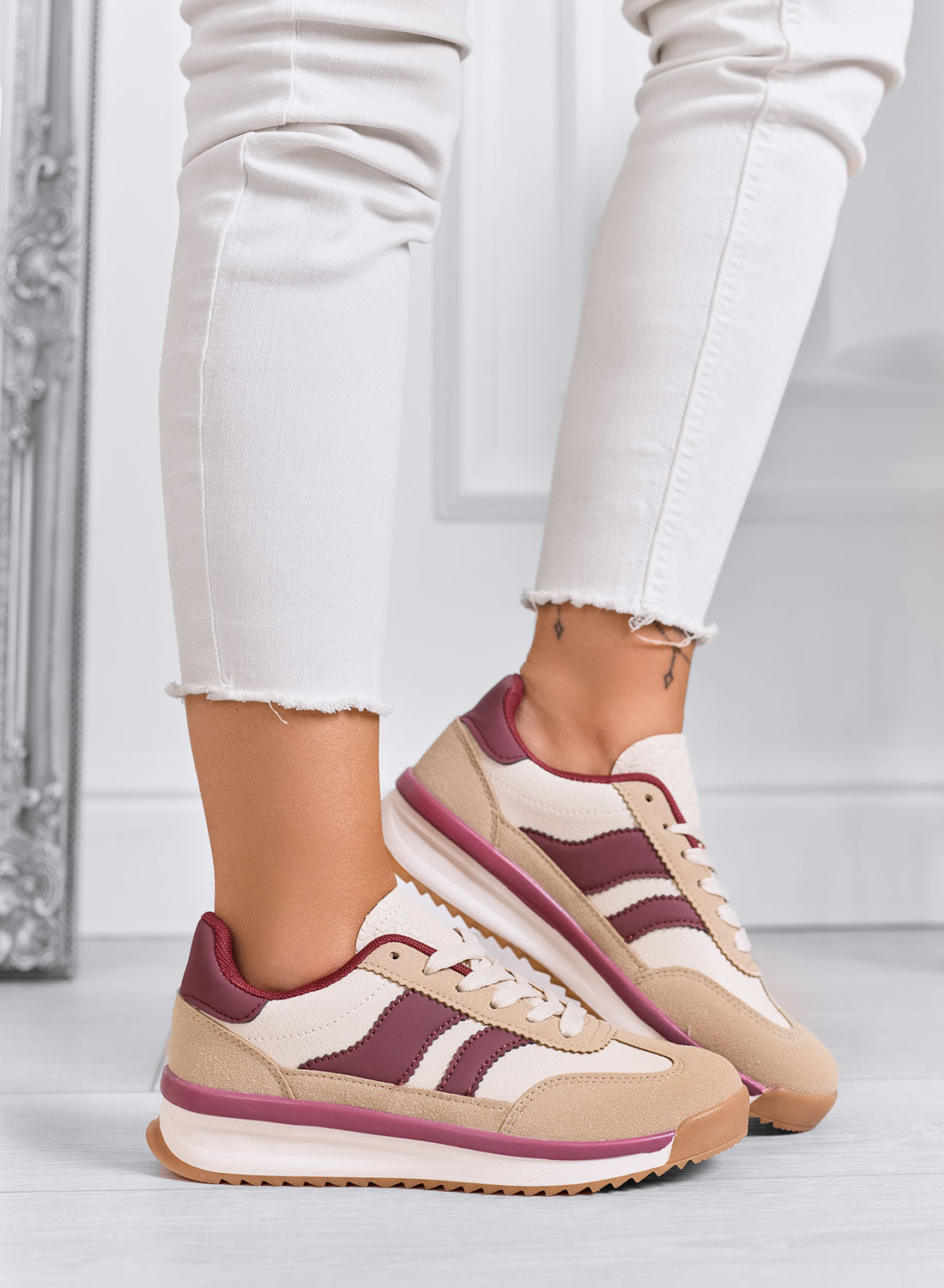 BIELLA - Mud-colored fabric sneakers with burgundy details and rubber sole
